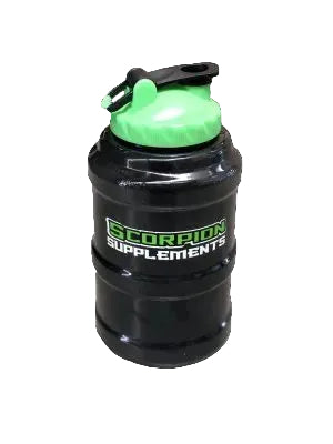 A black 2.5 litre capacity water jug with a green flip top lid and the brand 'SCORPION Supplements' printed on the side.
